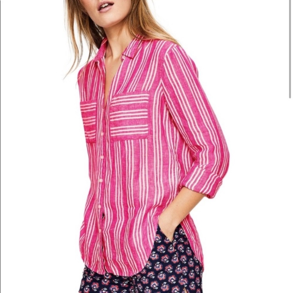 Boden Pink Stripe Linen Button Down Top size 8R